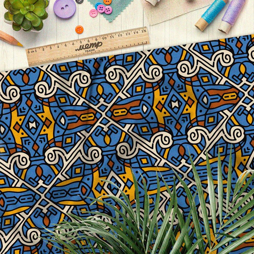 Ткань атлас синий египетский узор