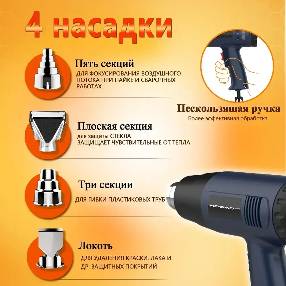 Строительный фен / Промышленный фен / Бесступенчатый термостат /2000 Вт/Ручная регулировка, 4 насадки с дисплеем(2 кВт, 250-500 л/мин, 60-600 градусов), профиссиональная серия