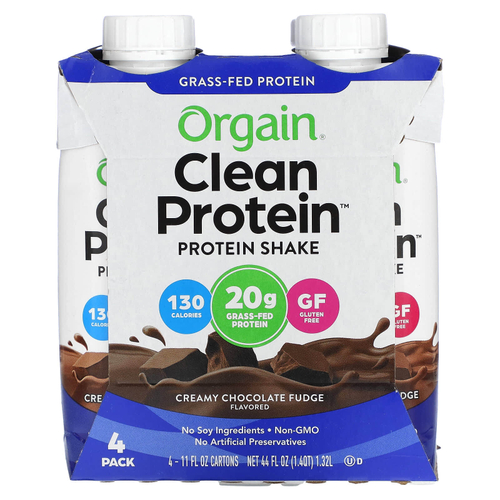 Orgain, Clean Protein Shake, сливочная шоколадная помадка, 4 пакетика, по 330 мл (11 жидк. унц.)