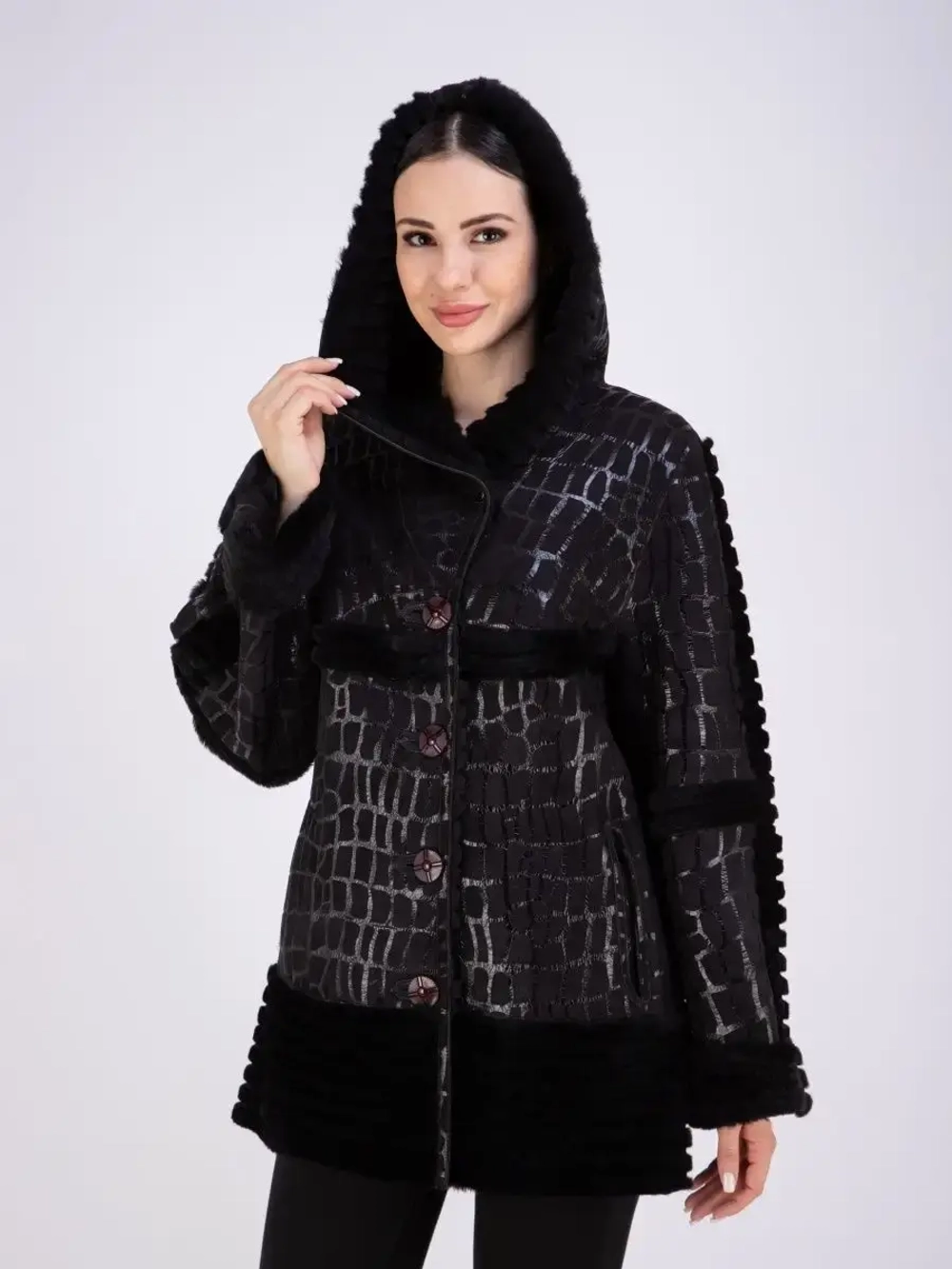 Дубленка женская натуральная с капюшоном оверсайз Турция