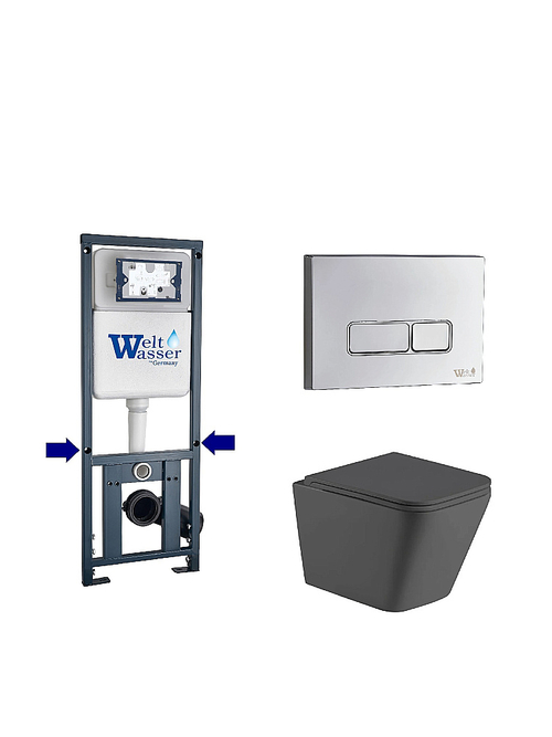 Унитаз подвесной WeltWasser WW GELBACH 10000012038 с крышкой микролифт, безободковый, смыв торнадо, в комплекте с инсталяцией, серый матовый