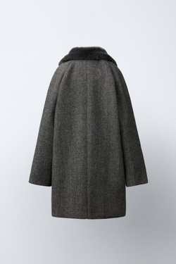 ZARA ПАЛЬТО В ЁЛОЧКУ С ВОРОТНИКОМ С ЛАЦКАНАМИ ИЗ ИСКУССТВЕННОГО МЕХА, ЧЕРНЫЙ/ЭКРЮ