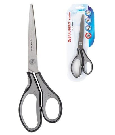 Ножницы BRAUBERG "SUPER", 230 мм, серо-черные, 2-х сторонняя заточка, эргономичные ручки, 237297