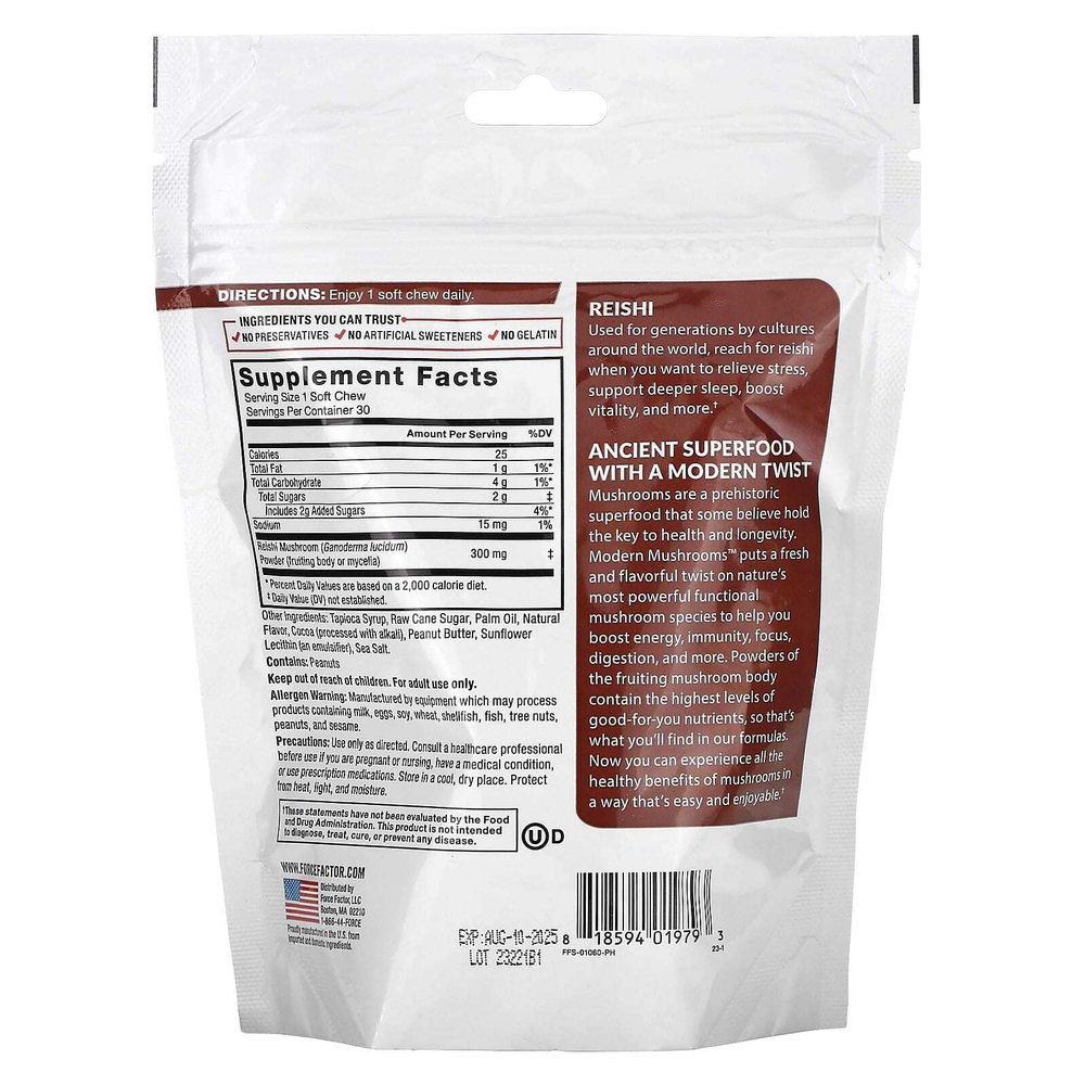 Force Factor, Modern Mushrooms™, рейши, чашка с шоколадом и арахисовой пастой, 30 жевательных таблеток с суперфудами (300 мг в одной жевательной таблетке)