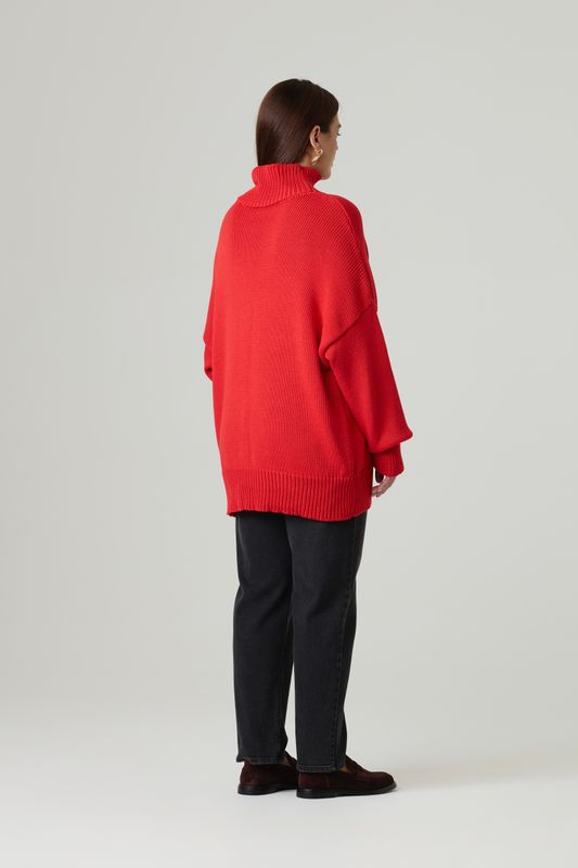 Свитер вязаный удлиненный; красный
