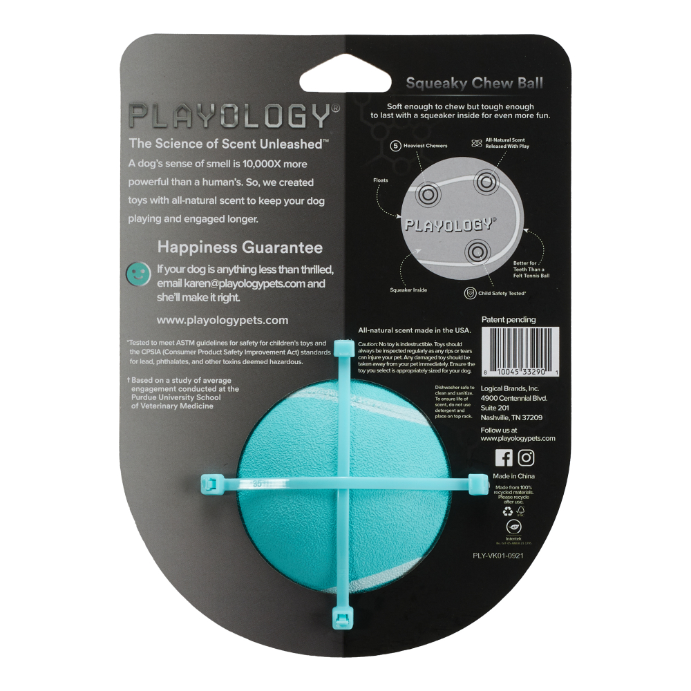 Playology жевательный мяч SQUEAKY CHEW BALL 8 см для собак средних и крупных пород с пищалкой и с ароматом арахиса, цвет голубой