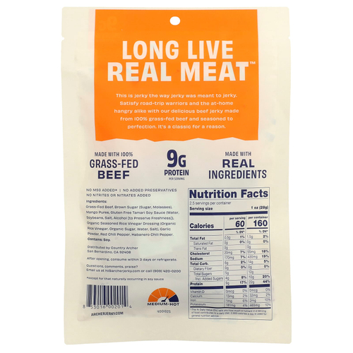 Country Archer Jerky, вяленая говядина травяного откорма, манго и хабанеро, 71 г (2,5 унции)