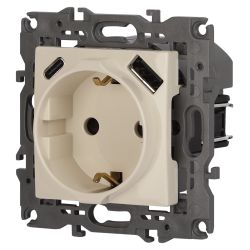 Розетка ЭРА Elegance 14-4108-02 2P+E 16A-250В со шторками с USB type-A+C 5В-3А слоновая кость