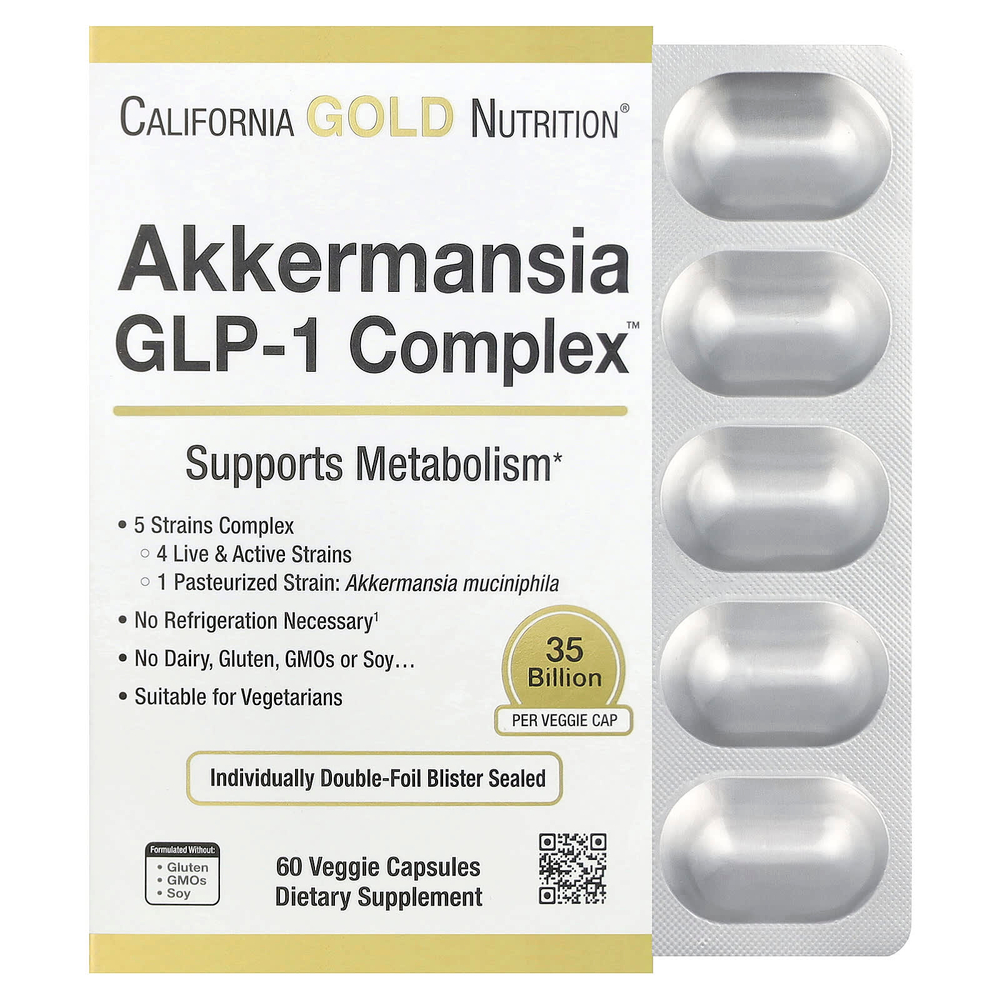 California Gold Nutrition, Akkermansia GLP-1 Complex, комплекс с аккермансией и ГПП-1 + пробиотики, 60 растительных капсул