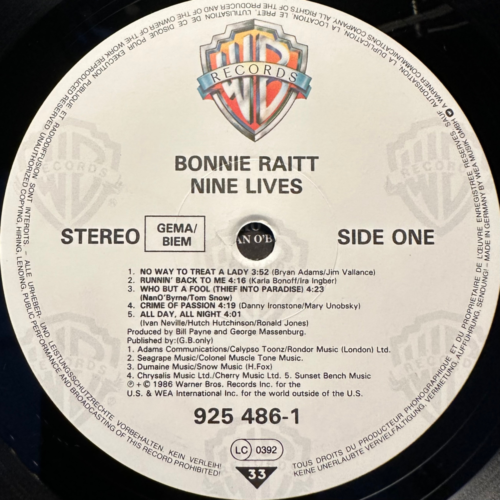 Bonnie Raitt - Nine Lives (Германия 1986г.)