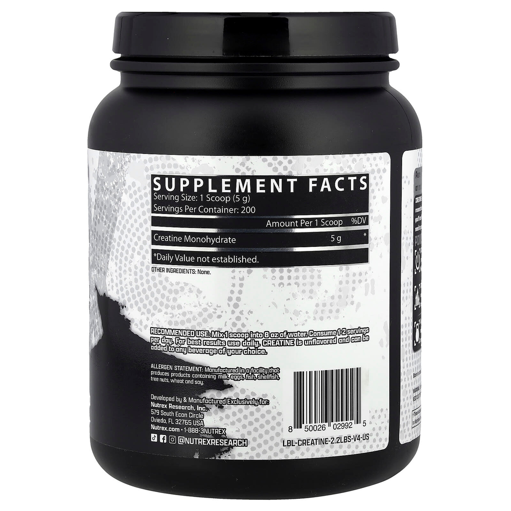 Nutrex Research, Моногидрат креатина, без добавок, 1000 г (2,2 фунта)