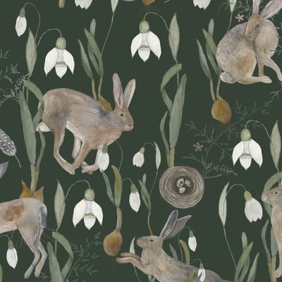 Зайчики и подснежники (темно-зеленый фон)