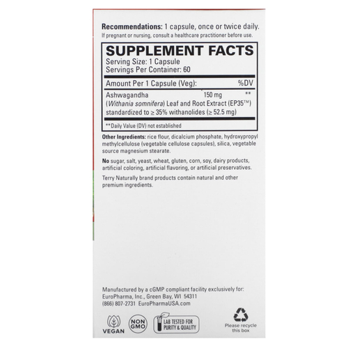 Terry Naturally, ашваганда EP35, 60 капсул (150 мг в одной капсуле)