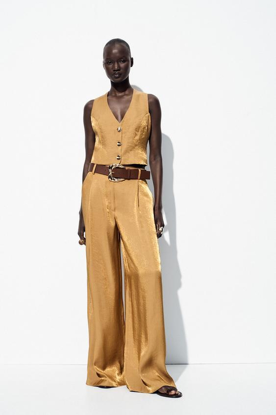 ZARA АТЛАСНЫЕ БРЮКИ С ШТАНИНАМИ И РЕМНЕМ, ЗОЛОТИСТЫЙ