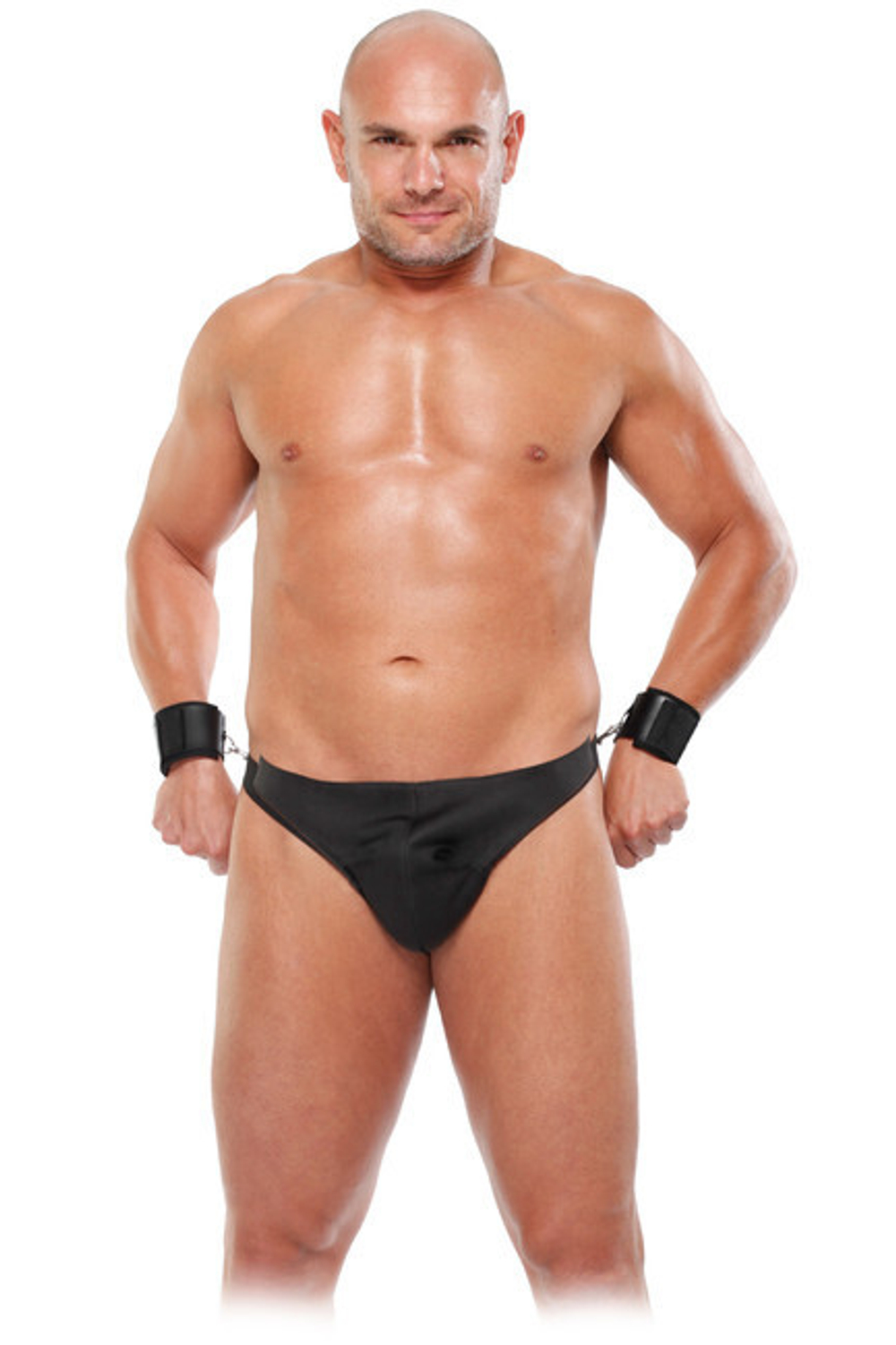 Стринги для раба в комплекте с наручниками L/XL (Цвет: черный)
