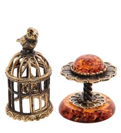 Народные промыслы AM-3166 Фигурка «Птичка в клетке» (латунь, янтарь)