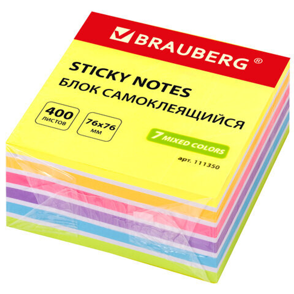 Блок самоклеящийся (стикеры) BRAUBERG НЕОНОВЫЙ 76×76 мм, 400 листов, 7 цветов, 111350