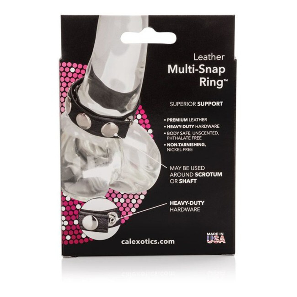 Эрекционное кольцо-утяжка многофункциональное Leather Multi-Snap Ring (Цвет: черный с серебряным)