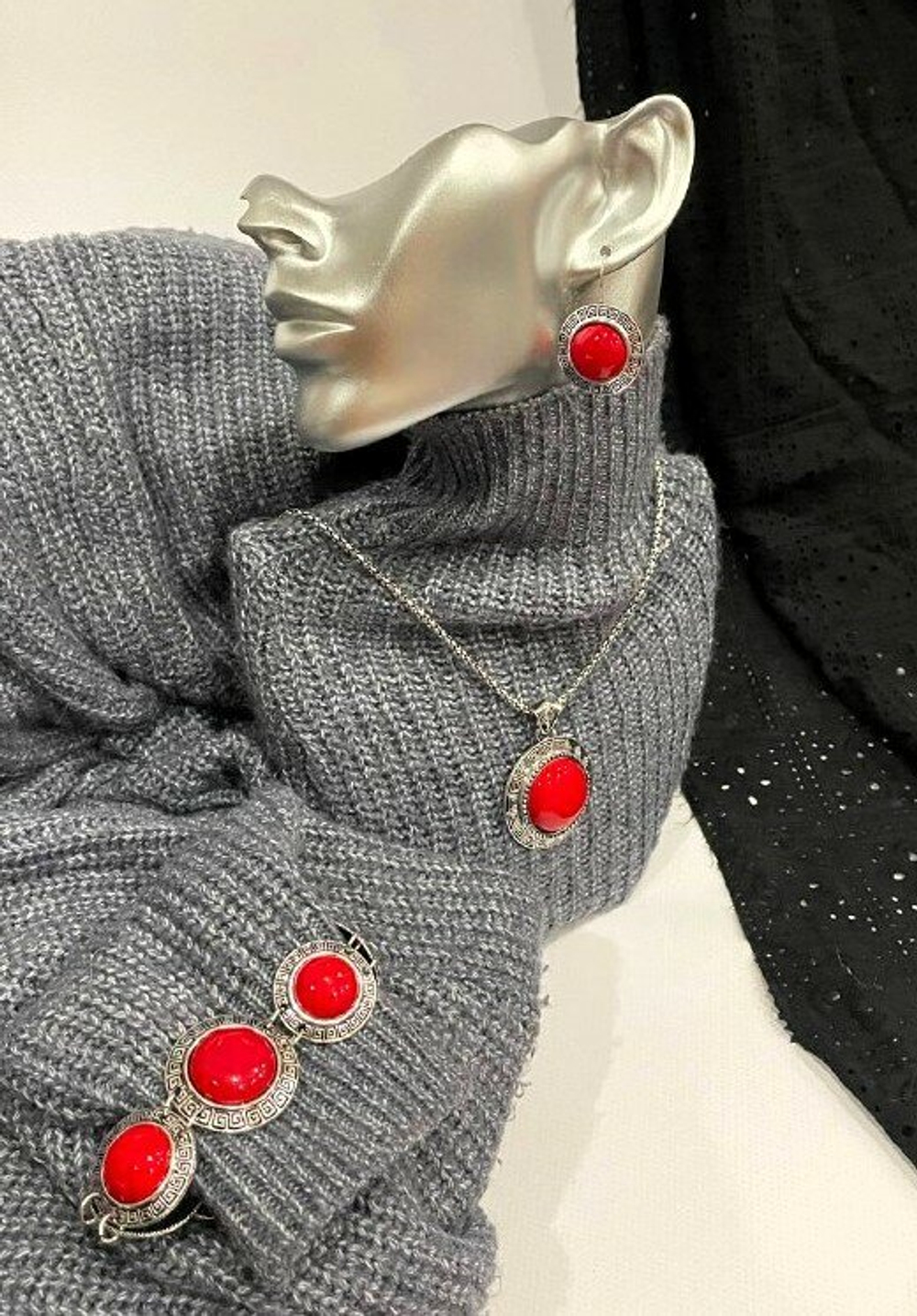 Подвеска серьги, браслет  Бижутерия Комплект "Красный Коралл", кольцо, серьги, браслет, бижутерный сплав, коралловый цвет