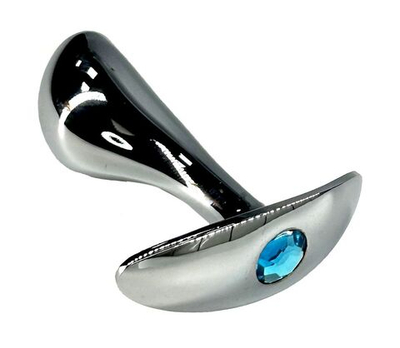 Серебристая изогнутая анальная пробка для ношения c голубым кристаллом - 8 см. (Цвет: голубой)