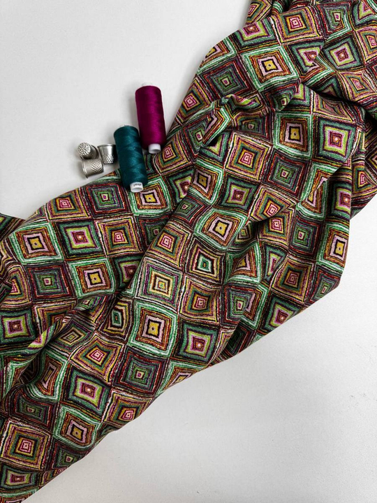 Штапель принт ромб зеленый/желтый/бордо BST3831