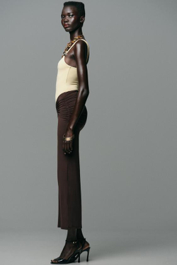 ZARA ЮБКА ИЗ ПОЛИАМИДА С РАКУШКОЙ, ТЕМНО-КОРИЧНЕВЫЙ