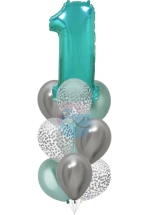 Фонтан c зеленой цифрой «1» из 10 воздушных шаров с гелием