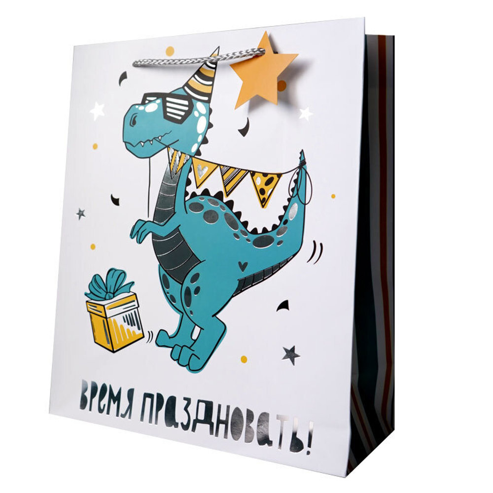 Пакет подарочный "Динозавр" Тиснение фольгой 25*11*30 см