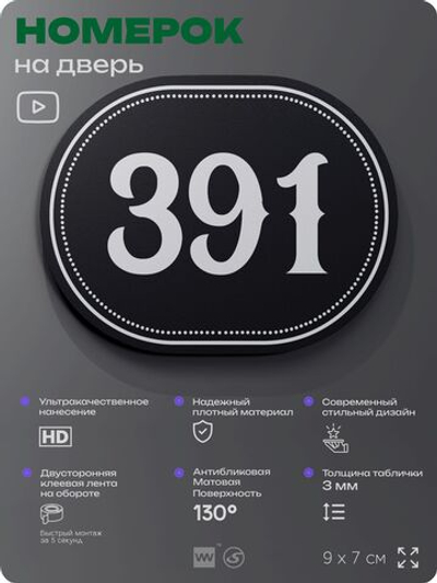 Номерок на дверь квартиры 391, для кабинета, офиса, шильдик 9 х 7 см, черный, Айдентика Технолоджи