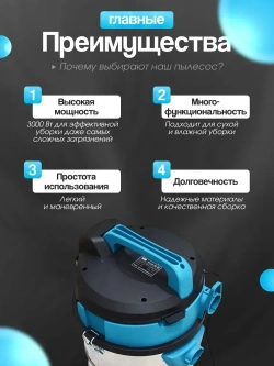 Пылесос строительный мощный 3000Вт Cleanway T-3000