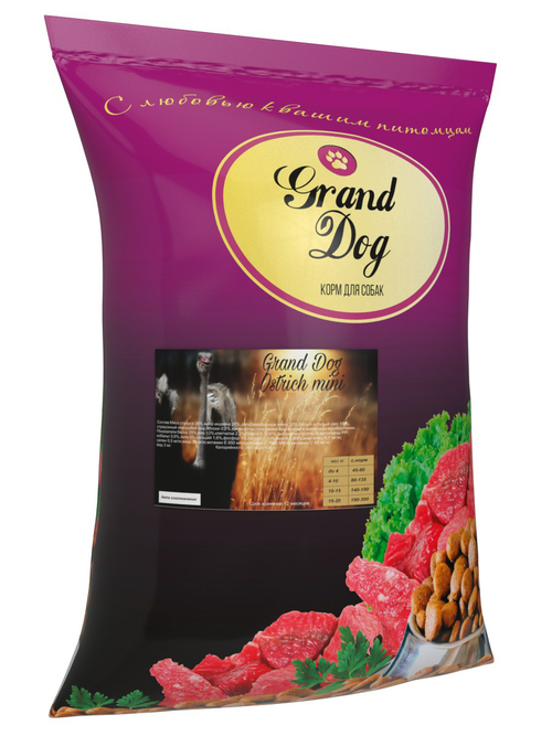 Grand dog корм сухой для взрослых собак мелких пород мясо страуса
