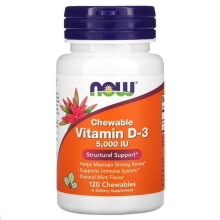 Витамин D NOW Foods, жевательный витамин D3, натуральный мятный вкус, 5000 МЕ, 120 жевательных таблеток