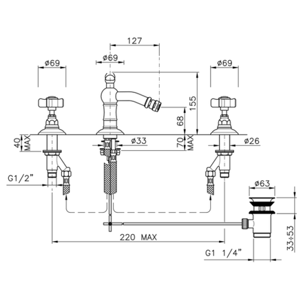 Смеситель для биде и рукомойников Nicolazzi Classica Lusso ручки Dames Anglaises на 3 отверстия с донным клапаном, хром 	1415 CR 18