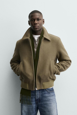 ZARA СТЕГАНАЯ КУРТКА ИЗ ШЕРСТЯНОЙ ТКАНИ, ЗЕЛЕНОВАТЫЙ