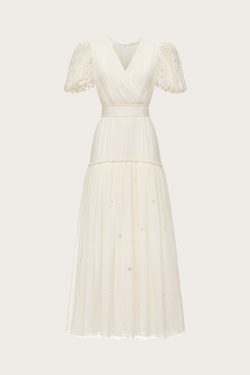 ПЛАТЬЕ ИЗ МОЛОЧНОГО ШИФОНА И КРУЖЕВА С ВЫШИВКОЙ БИСЕРОМ