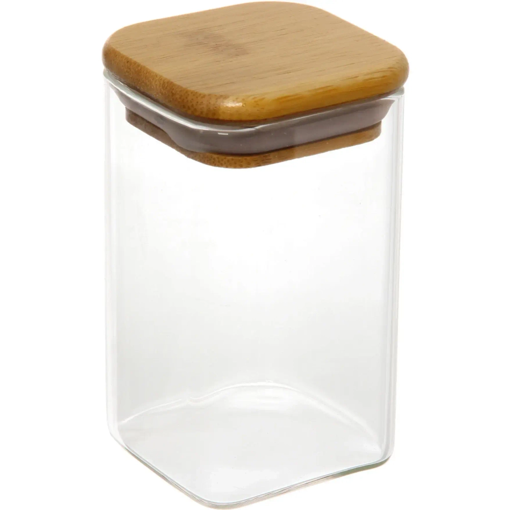 Банка для продуктов стеклянная 250мл «Хай-Тек» с бамбуковой крышкой, квадратная 6*10см