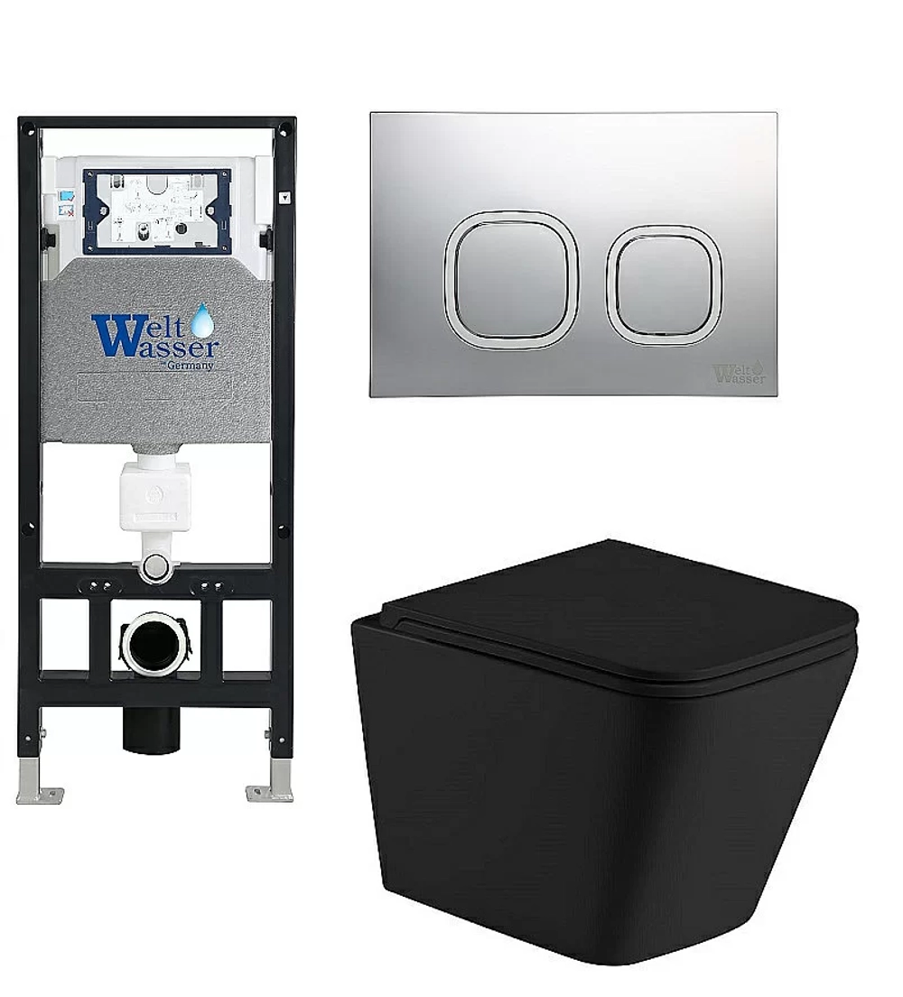 Унитаз подвесной WeltWasser AMBERG 506 + GELBACH 043 MT-BL + AMBERG RD-CR черный матовый, безободковый, с крышкой микролифт, слив-торнадо, с инсталляцией и кнопкой хром глянцевый