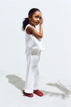 ZARA ДЖИНСОВЫЙ ТОП С ВОЛАНАМИ, БЕЛЫЙ