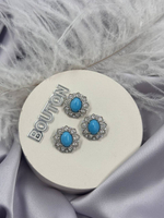 Пуговицы серебристые в форме цветка с горным хрусталем и голубым (бирюзовым) камнем