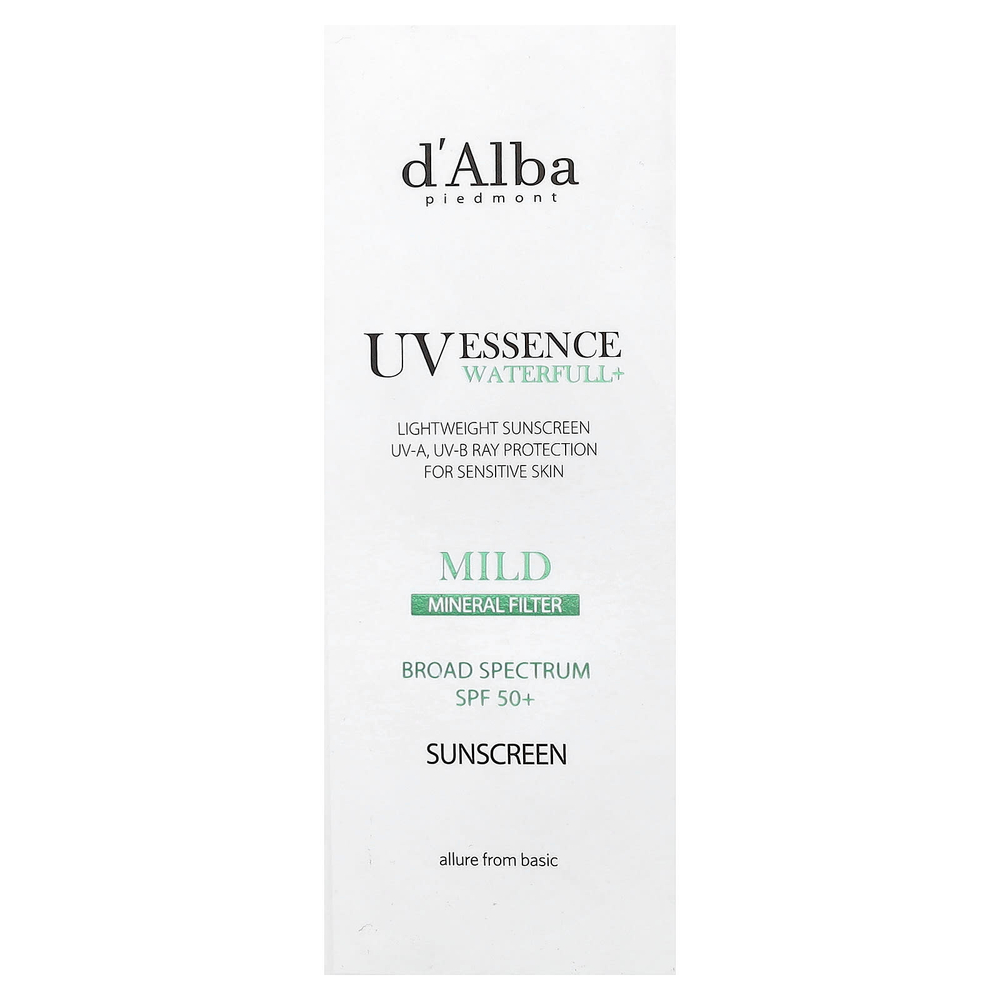 d'Alba, UV Essence Waterfull+, солнцезащитное средство, минеральный фильтр, мягкое, SPF 50, 50 мл (1,69 жидк. унции)