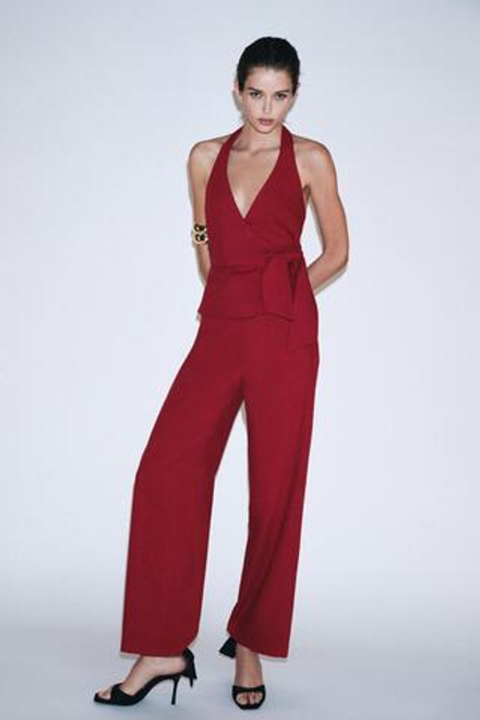 ZARA ЖИЛЕТ ХАЛТЕР С ЗАВЯЗКОЙ, ВИШНЕВЫЙ