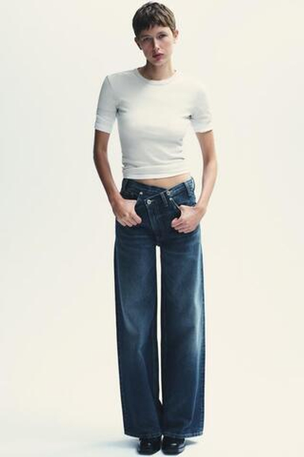 ZARA ДЖИНСЫ TRF WIDE LEG С ПЕРЕКРЕСТНОЙ ТАЛИЕЙ И ВЫСОКОЙ ПОСАДКОЙ, МОРСКОЙ СИНИЙ