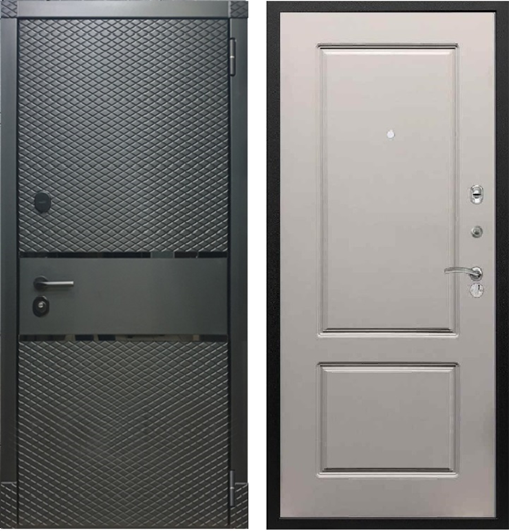 Входная металлическая дверь RеX (РЕКС) 15 Чешуя кварц черный, фурнитура хром/ ФЛ-117 Грей софт (светло-серый, без текстуры) 16мм