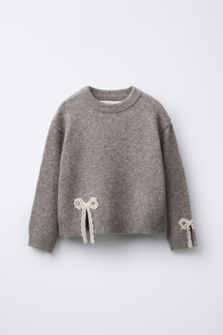 ZARA ТРИКОТАЖНЫЙ ДЖЕМПЕР С КРУЖЕВНЫМИ БАНТАМИ, СЕРО-КОРИЧНЕВЫЙ