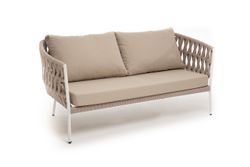 "Диего" диван 2-местный плетеный из роупа, каркас алюминий белый муар, роуп бежевый круглый, ткань бежевая 15052