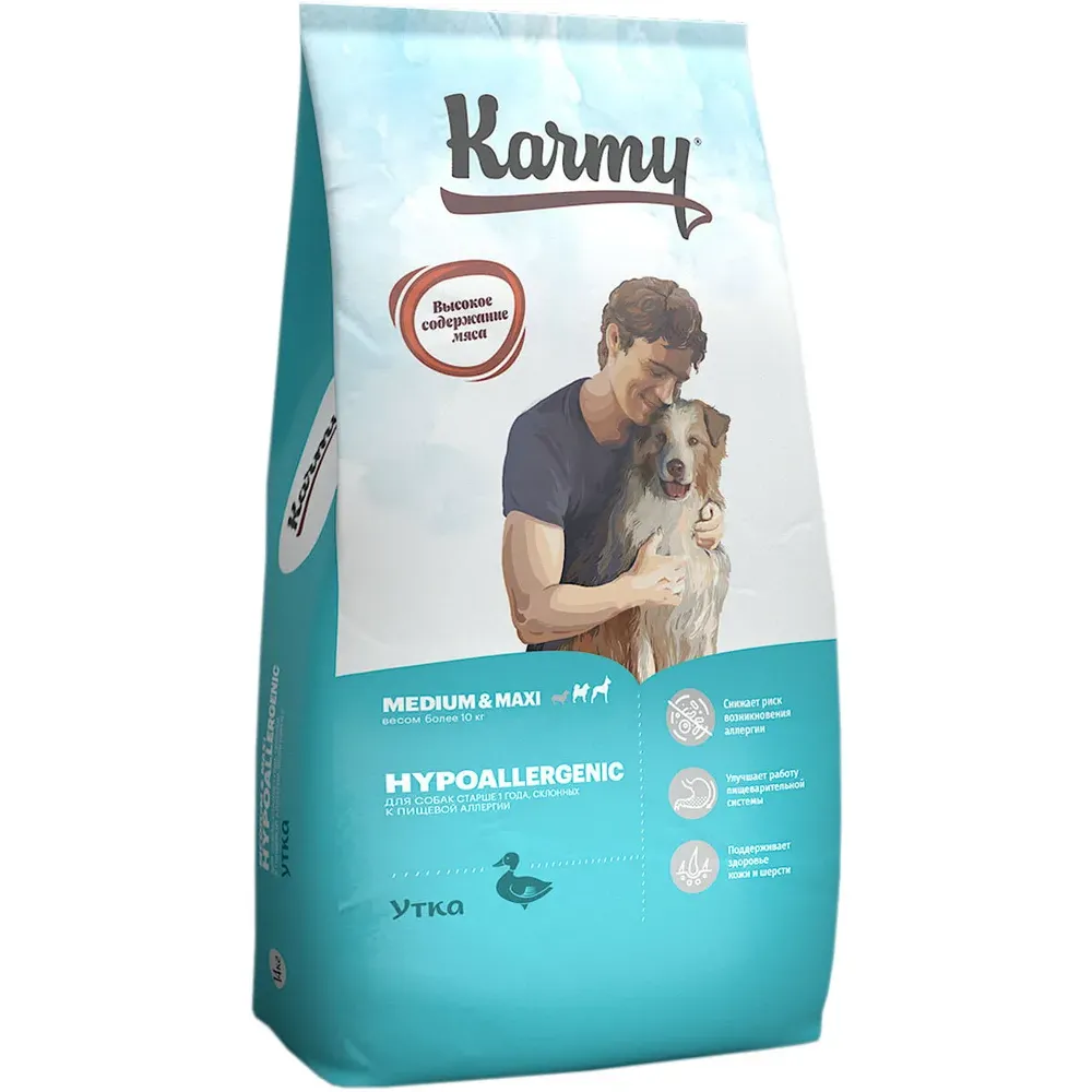 Сухой корм Karmy Hypoallergenic Medium & Maxi для взрослых собак средних и крупных пород, склонных к пищевой аллергии, с уткой