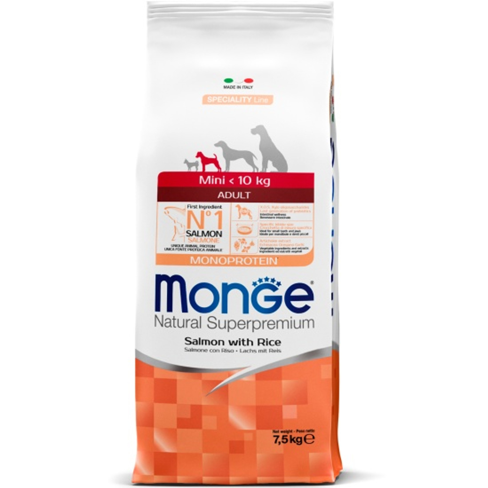 Сухой корм Monge Dog Speciality Line Monoprotein Mini для взрослых собак мелких пород, из лосося с рисом 7,5 кг