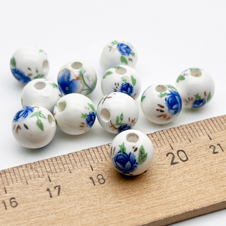 Бусины Шар с цветами, керамика, цвет синий, размер около 10 мм, цена за 1 шт