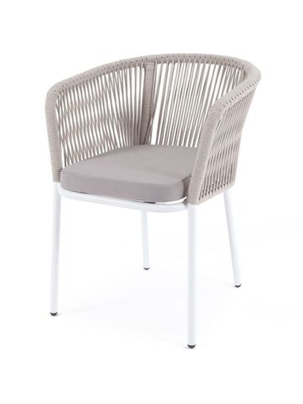 "Марсель" стул плетеный из роупа, каркас алюминий белый шагрень, роуп бежевый круглый, ткань бежевая 035