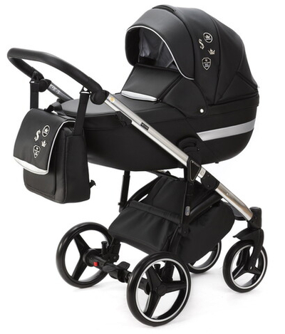 Детская коляска Adamex Cortina Deluxe 2 в 1 CT334/A (ЧЕРН.КОЖА+СЕРЕБ.ОТДЕЛКА+ХРОМ РАМА)